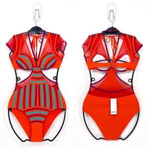 Andrea Iyamah Women XS Mina One Piece Swimsuit Orange Mesh Halter Neck NEW HTF